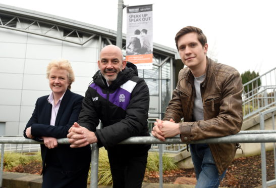 (L-R) Liz Hancock, Filippo Antoniazzi and Adam James Johnston who are part of the "Speak Up - Speak Out" campaign at Robert Gordon University, Garthdee, Aberdeen.