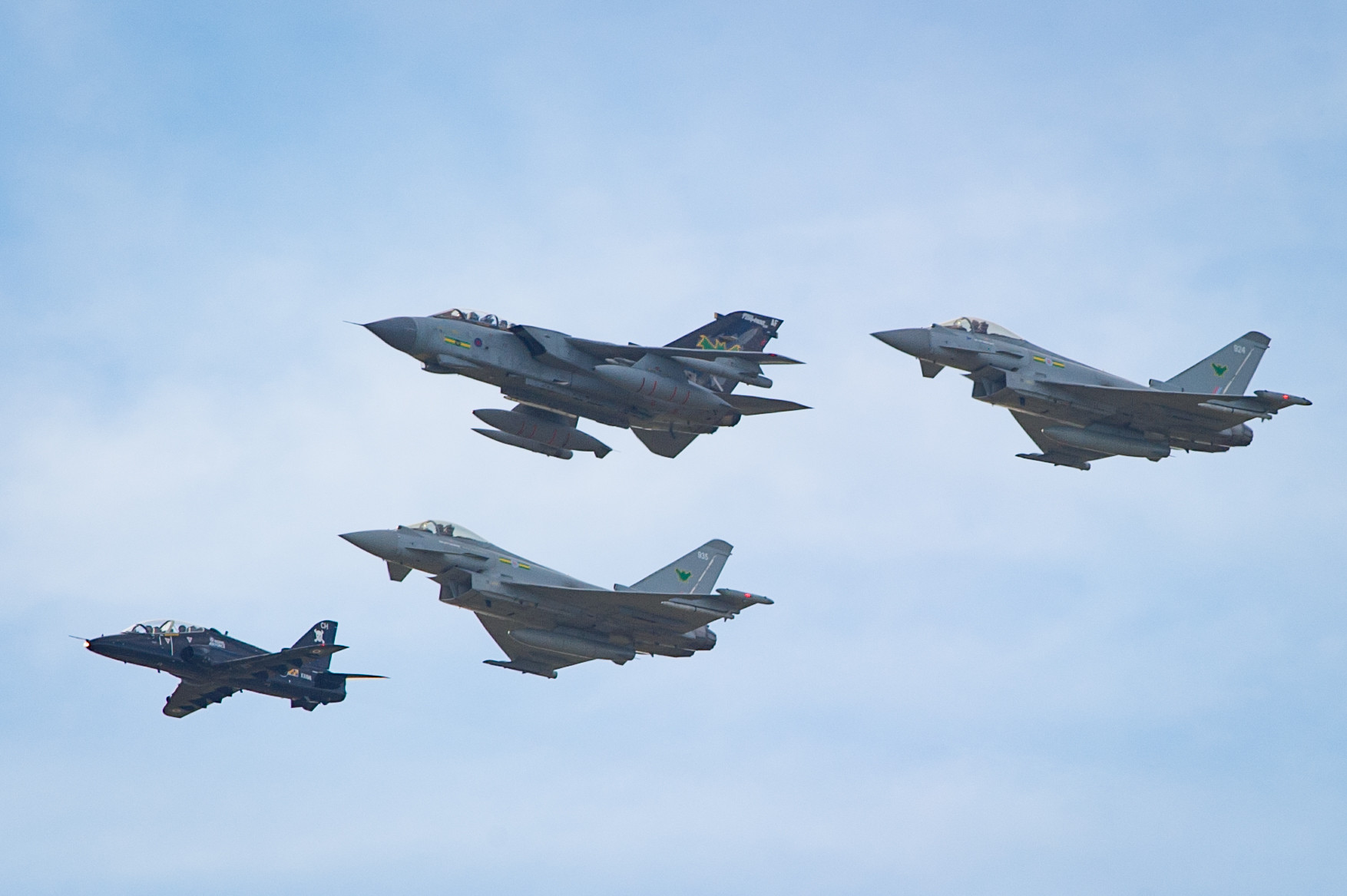Tornados make a final fly pass RAF Lossiemouth accompanied by Typhoons and a trainer craft.