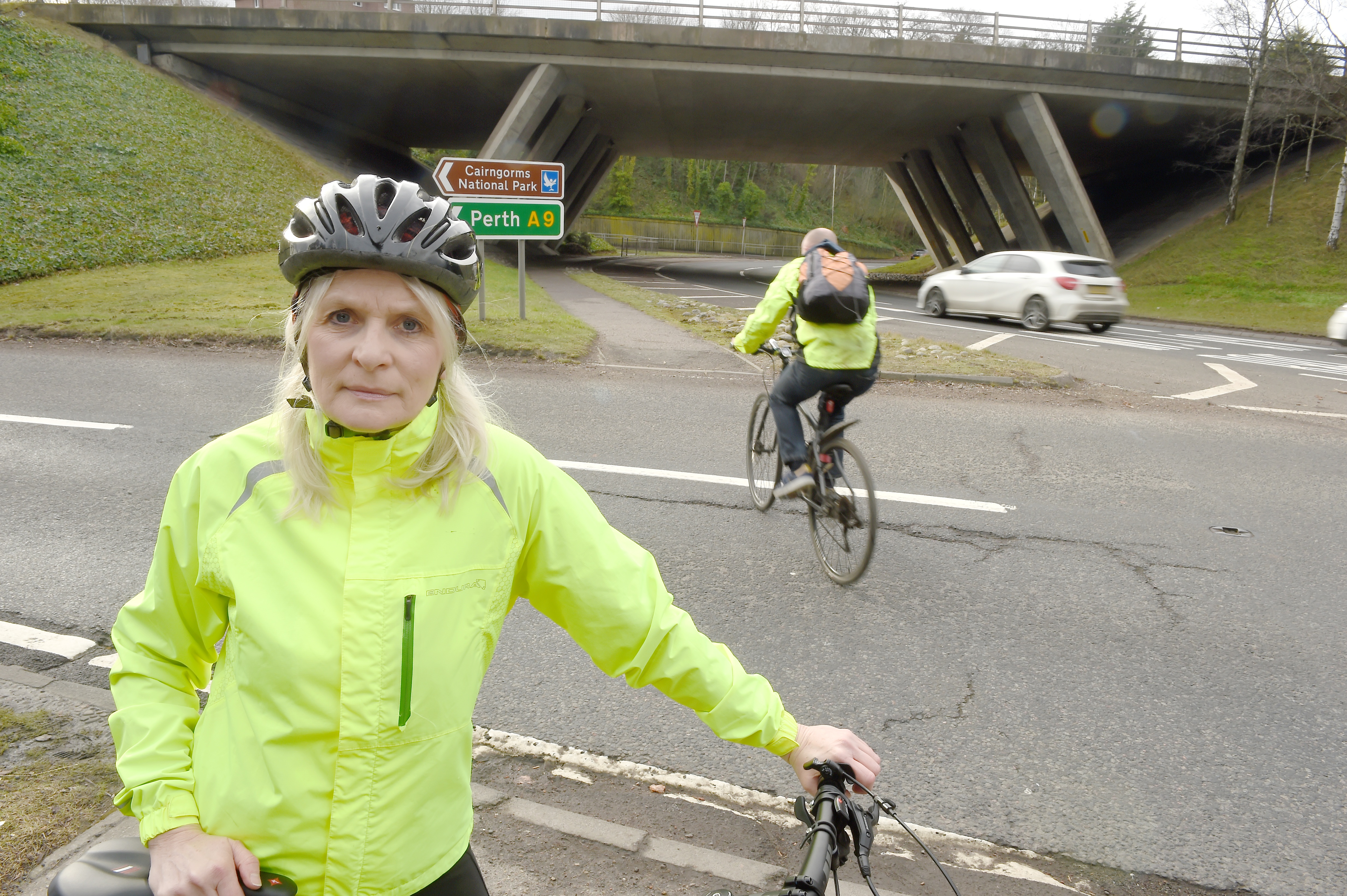 Inverness cyclist Susan Mccreadie at the Raigmore Interchange pedestrian crossing where a pedestrian was seriously injured in a collision with a car earlier this week.