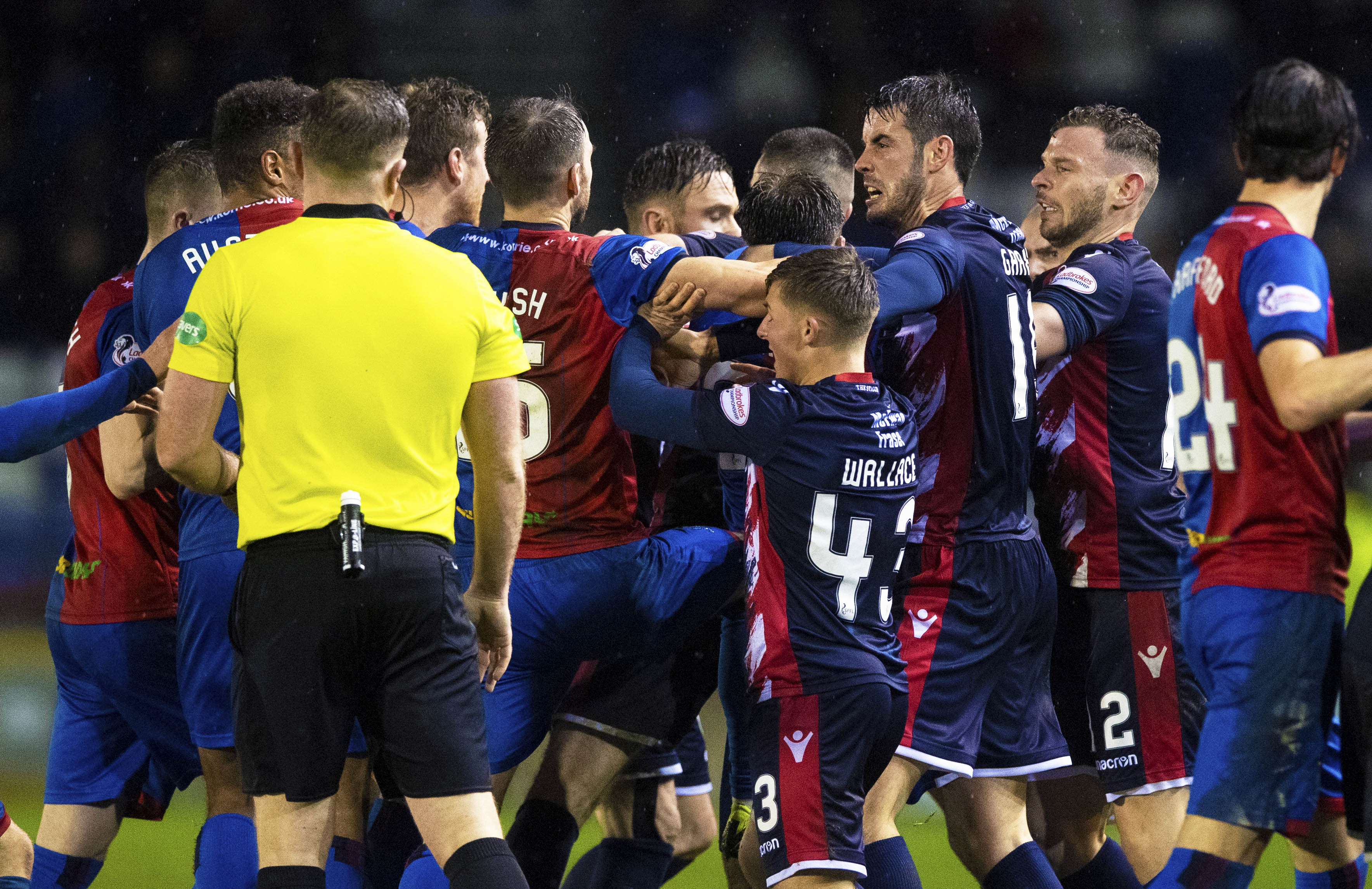 The skirmish between Caley Thistle and Ross County players after Michael Gardyne and Brad McKay clashed.