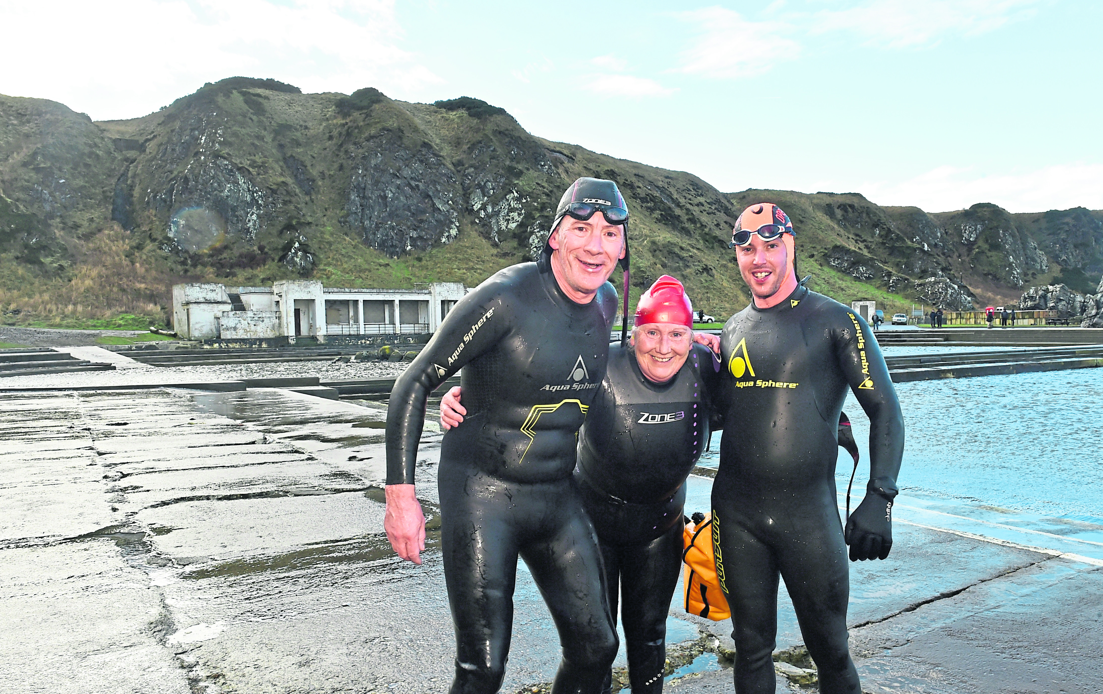 George Jamieson, Helen Manson and Wayne Headherill, who braved the North Sea, swimming over a mile from the Macduff Aquarium to Tarlair outdoor pool to raise money for the Tarlair pool.