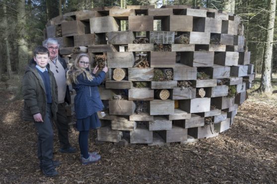 Pictured are Stanley Brooks (artist) and Lairhillock Primary School pupils Isobelle Morrison (P6) and Finlay Greig (P5).