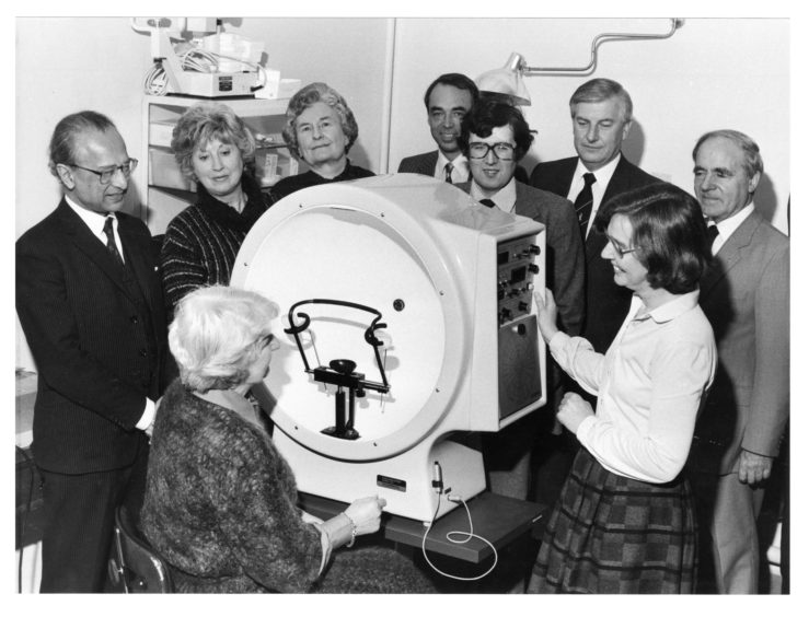 An Automated field detector being handed over to the hospital’s eye department in 1982.