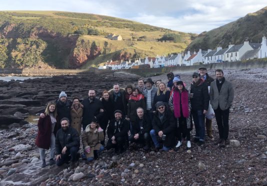 Members of the cast and crew from the Local Hero musical during their visit to Pennan
