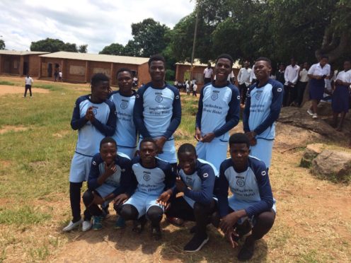 Footballers from St Anthony Community School in Malawi show off the strips donated by Mintlaw Boys Club