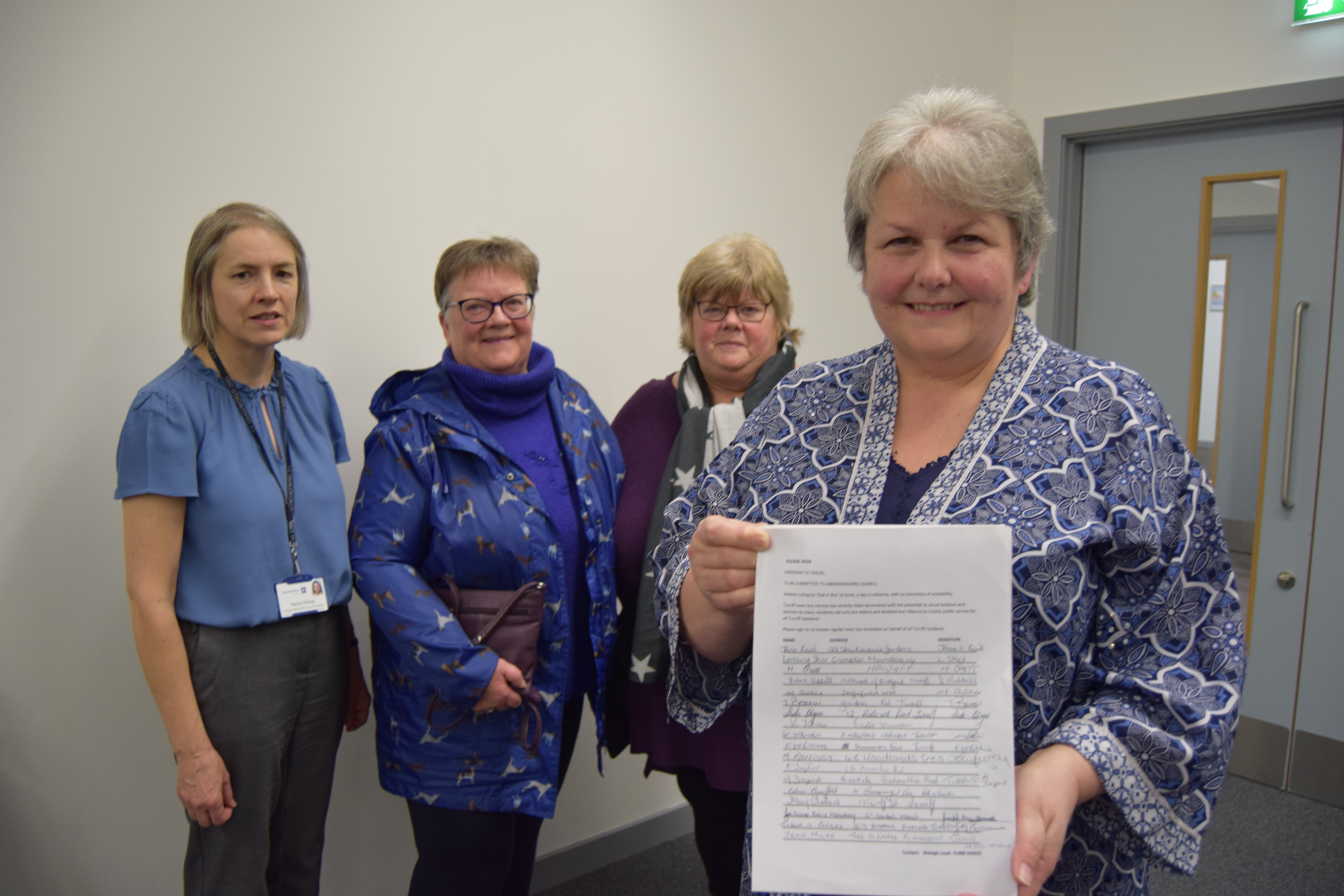 Left to right is council officer Marion Mackay who presented the proposal, local bus user Helen Blanchett, Turriff Business Association chairwoman Marjory Chalmers and councillor Anne Stirling who chaired the meeting and accepted a petition from residents to keep the timetabled bus route