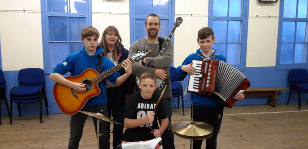 Charlie Henshaw, Roselynn Michie, Chris Docherty, Ruairidh MacLellan and drummer Owen Callendar want musicians and singers to join them at their weekly trad session in Onich Village Hall.