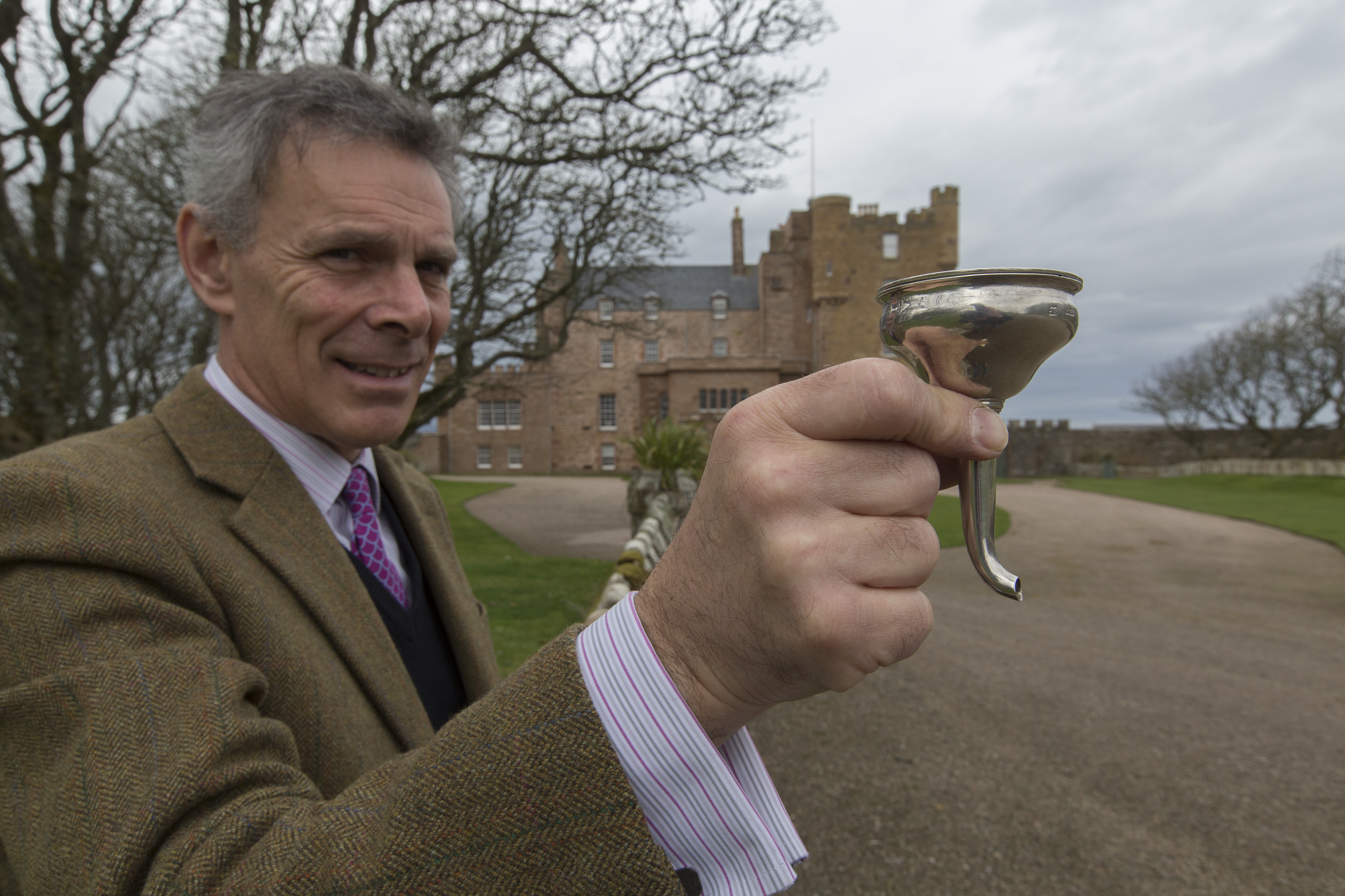 Charles Graham-Campbell with a Wick silver wine funnel, dating from 1800 and valued in the region of £7000 to £10,000.