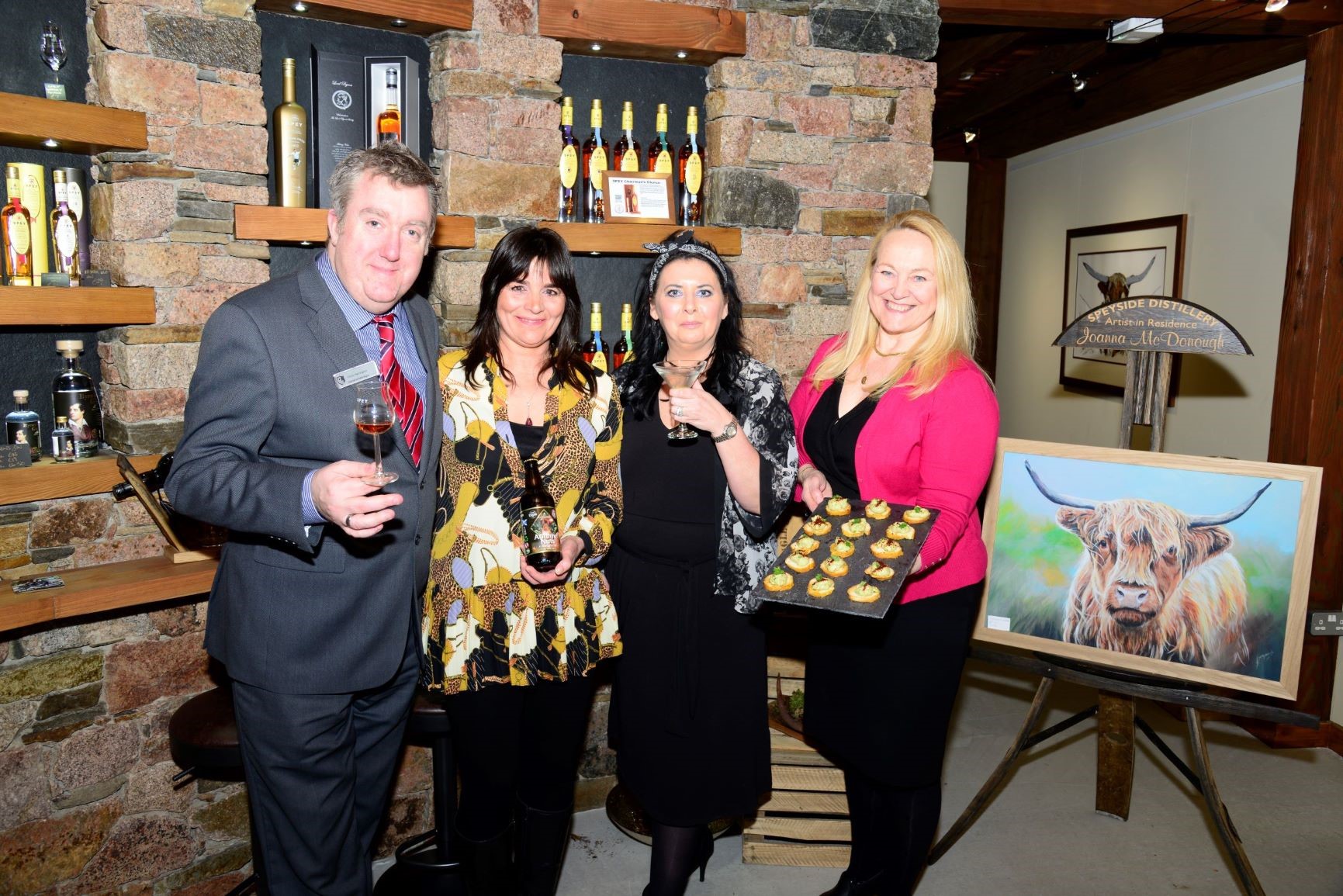 Christopher Harrington of Macdonald Aviemore Hotel; Samantha Faircliff of Cairngorm Brewery and Patricia Dillon and Susan Libeks of Speyside Distillery celebrating the launch of the Aviemore Big Mix Festival