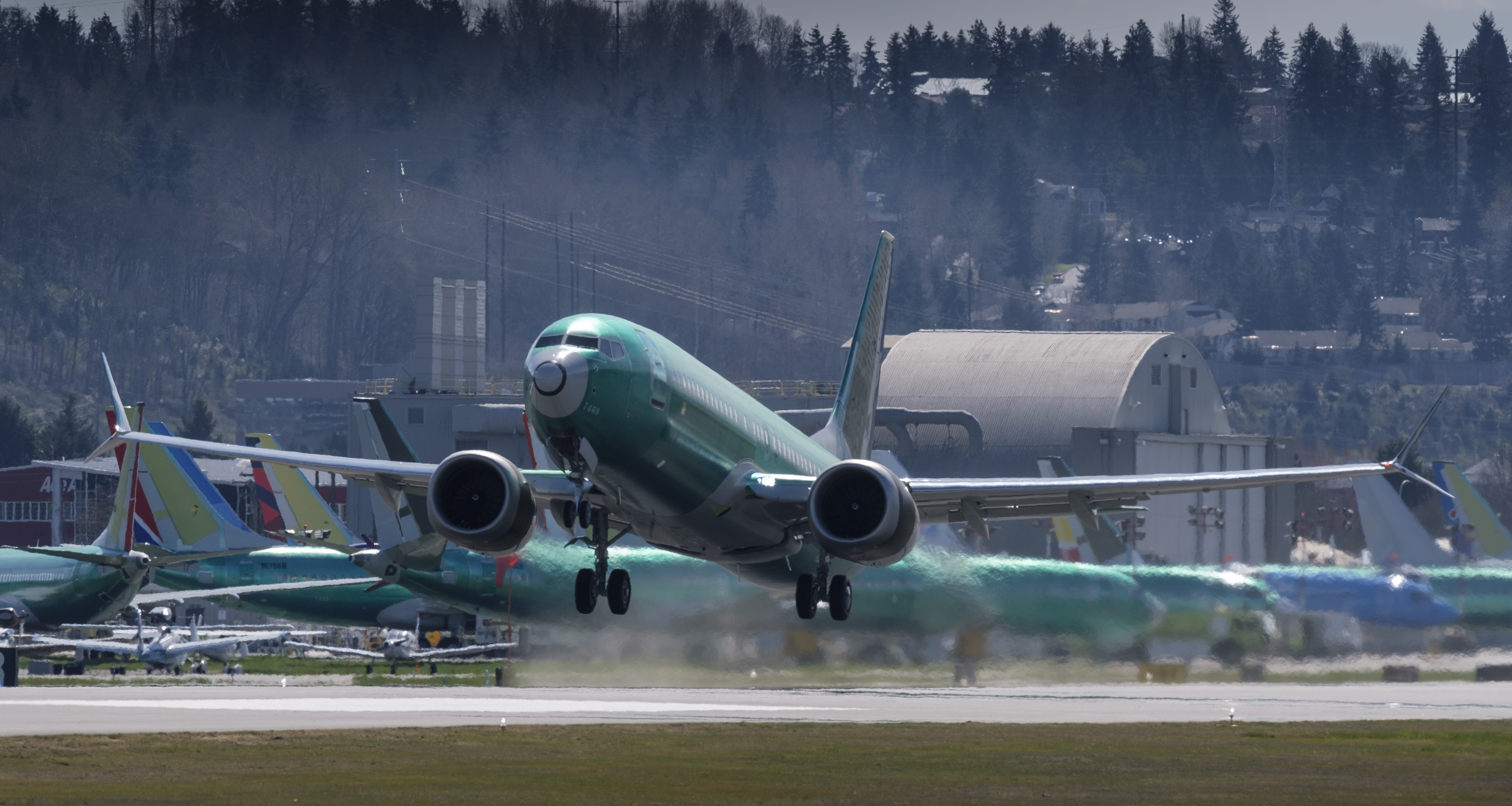 RENTON, WA - MARCH 22: A Boeing 737 MAX 8 airliner takes off from  Renton Municipal Airport near the company's factory, on March 22, 2019 in Renton, Washington. After two crashes of 737 MAX planes in five months, the model has been grounded from from passenger flights by aviation authorities throughout the world. (Photo by Stephen Brashear/Getty Images)