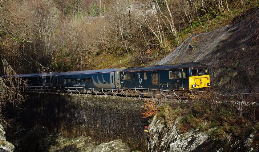 Caledonian Sleeper's new trains at Monessie Gorge.