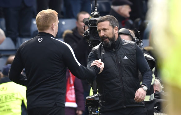 Derek McInnes shakes hands with Neil Lennon prior to the 2017 Scottish Cup semi-final.