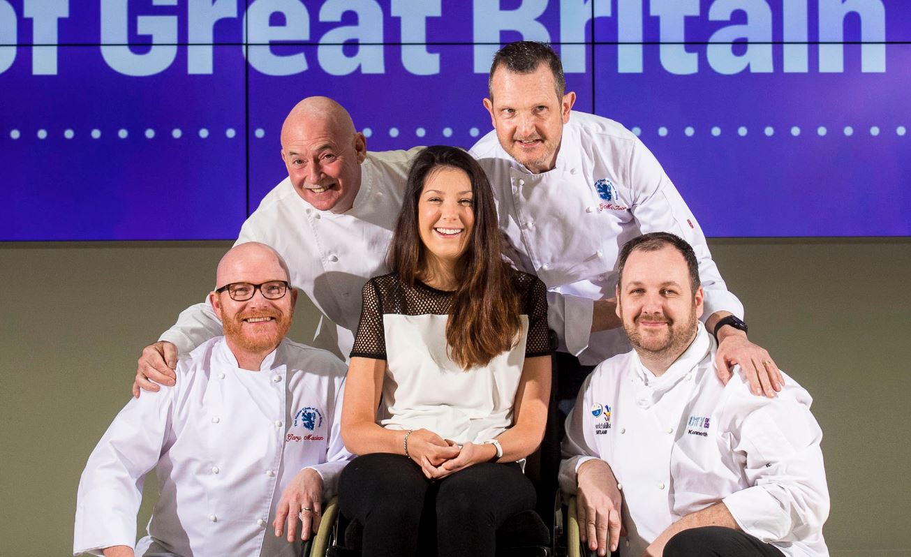 Lucy Lintott surrounded by chefs Gary Maclean, George McIvor, Robert Lintott, Kenneth Hett.