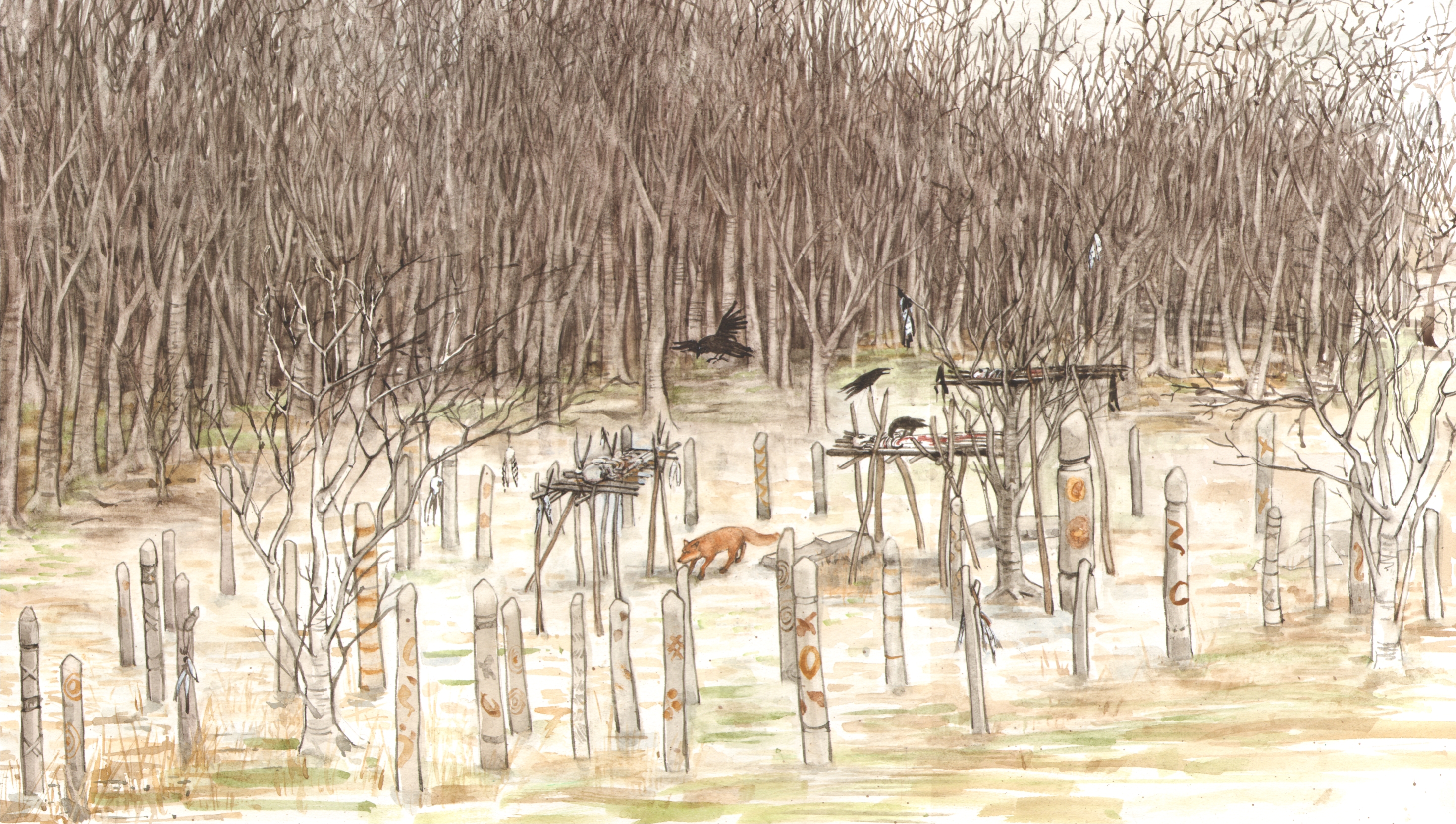 An artists impression of the Neolithic site at Aden Country Park