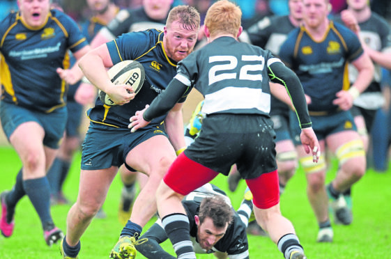 Gordonians’ Peter Johnston has the try line in his sights as he takes on the Perthshire defence.