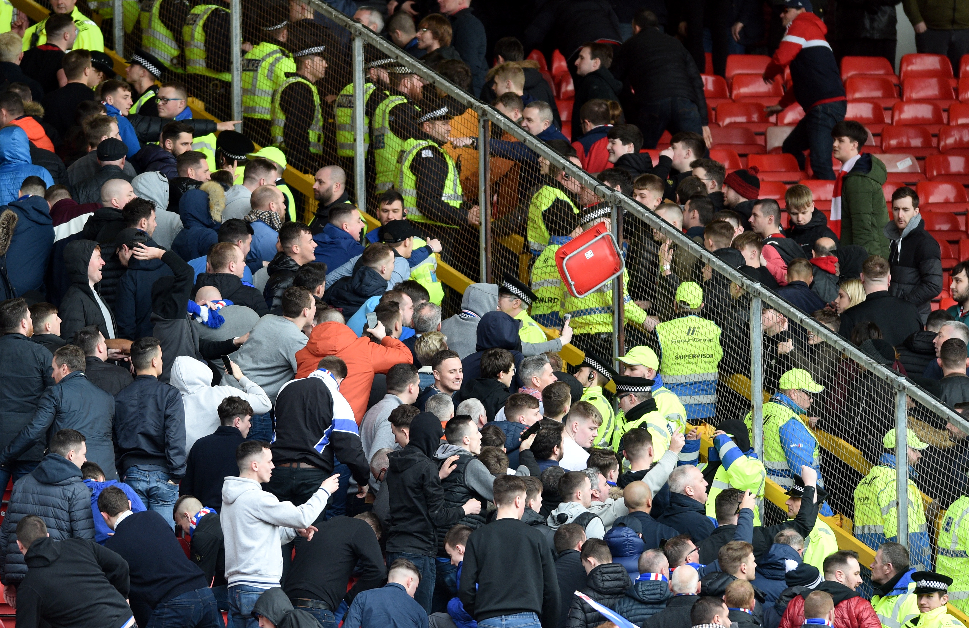 A seat is thrown into the Aberdeen area of fans after full time.