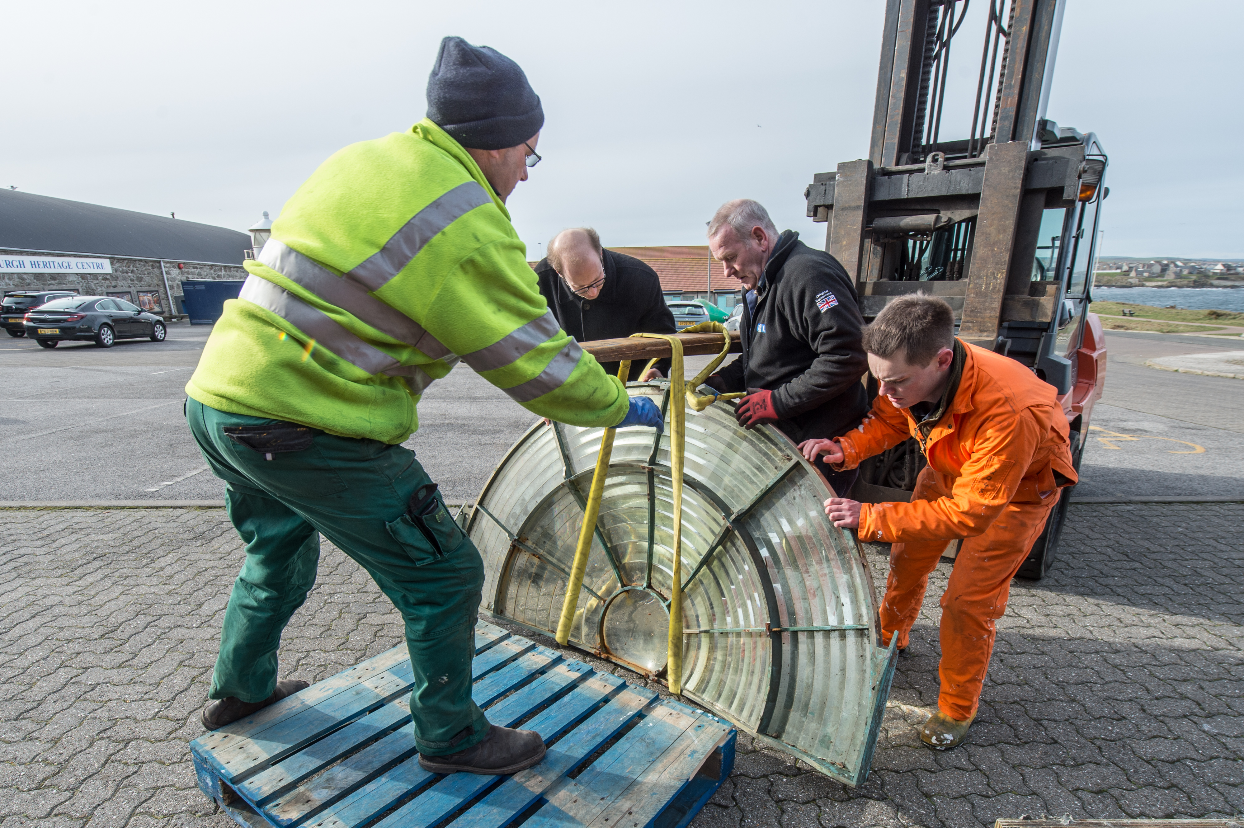 Picture by JASON HEDGES    

Pictures document the arrival of a new lighthouse lens delivered to the Lighthouse museum in Fraserburgh, Aberdeenshire today.

Picture: Lenses arfe man handled onto the crate

Pictures Jason Hedges