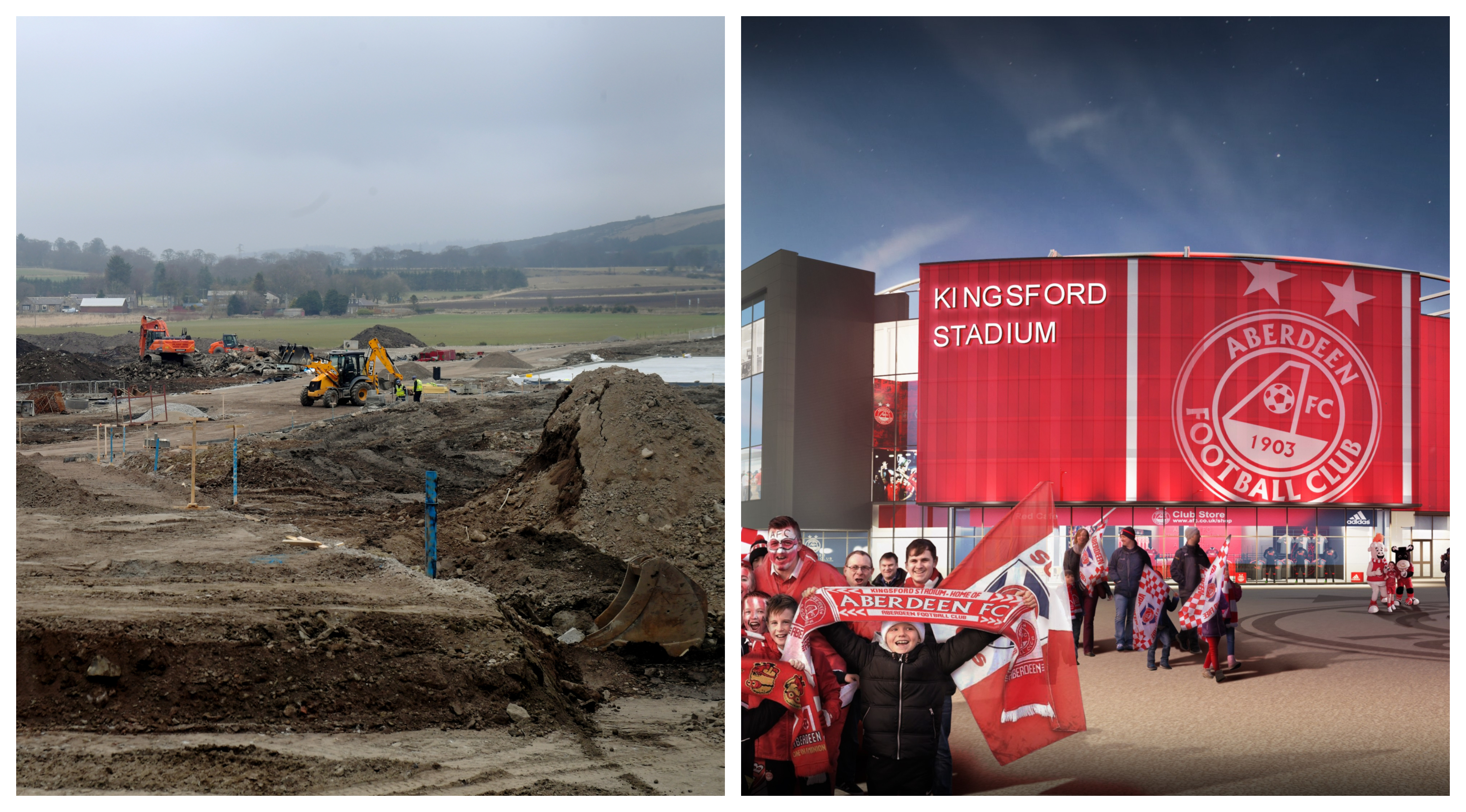 The construction site (left) and an impression of the final project.