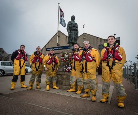 Anne Mould with members of the Fraserburgh Lifeboat crew in 2018