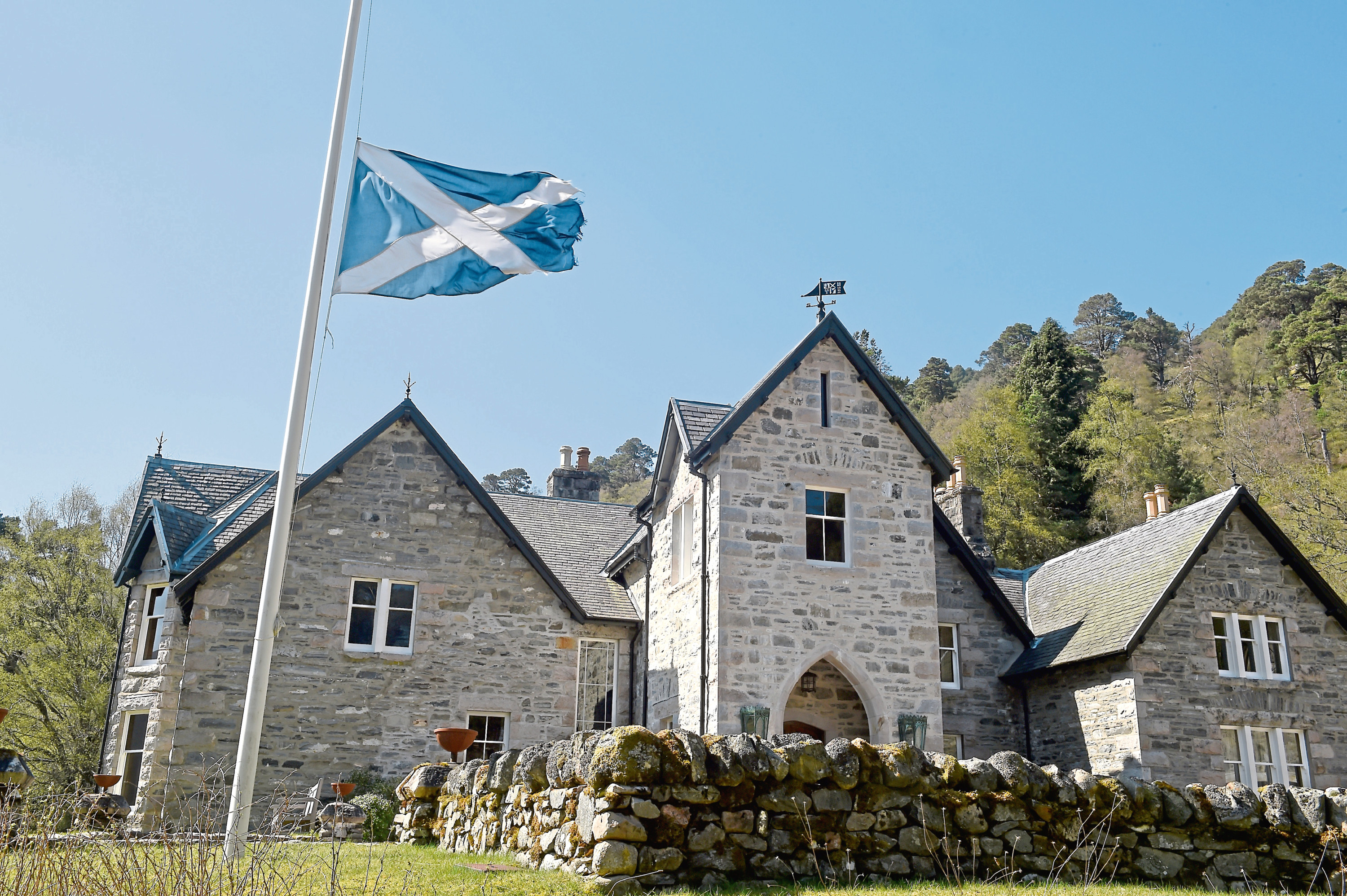Picture by SANDY McCOOK   22nd April '19
Glenfeshie Estate, the Scottish home of Anders Holch Povlsen. A flag flies at half mast yesterday (Monday) at Glenfeshie Lodge on the estate to mark the tragedy in Sri Lanka.