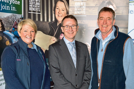 Tracey Roan of Roan's Dairies, NFU Scotland chief executive Scott Walker, and James Logan of Athelstaneford Farm.