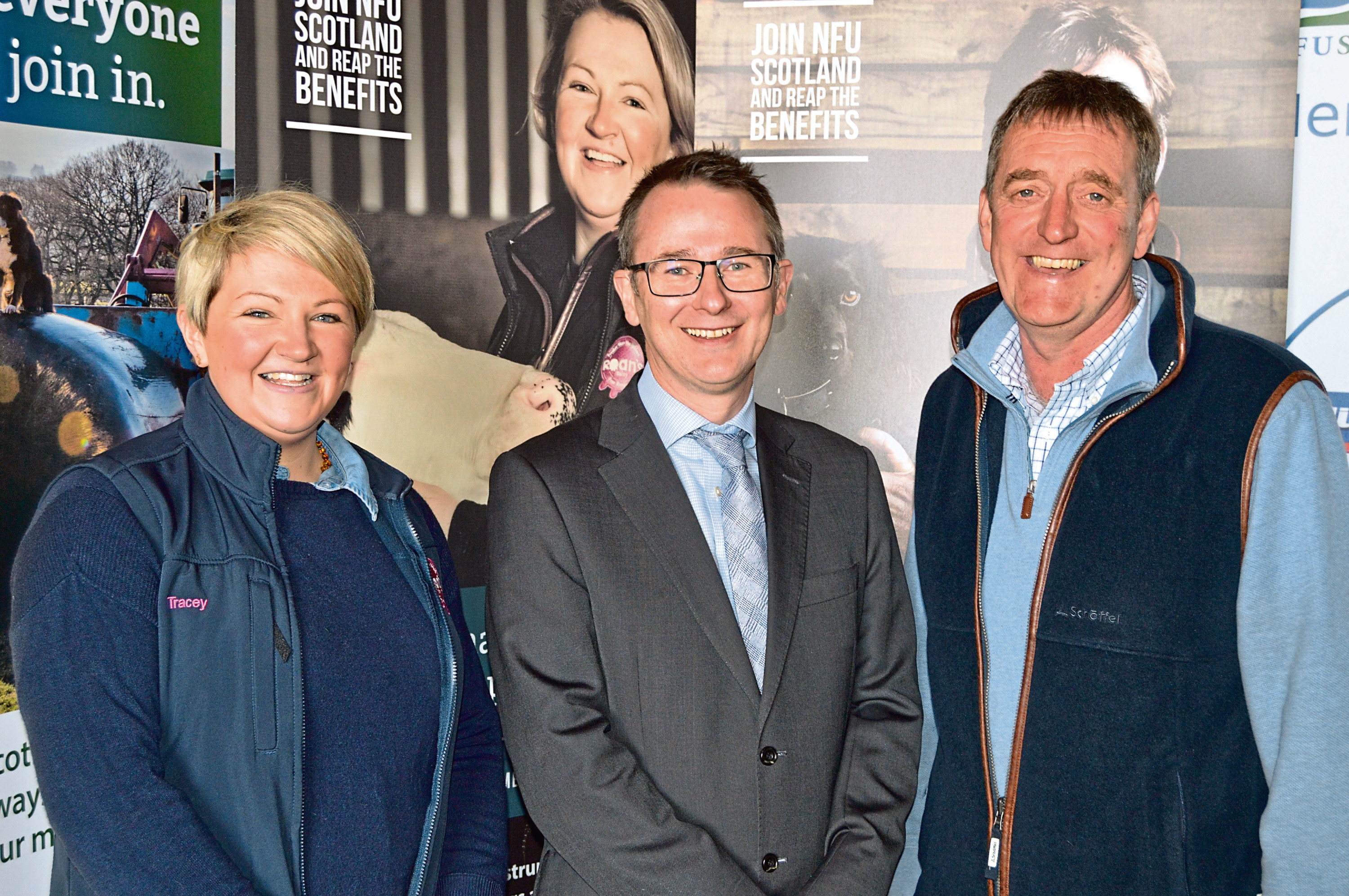 Tracey Roan of Roan's Dairies, NFU Scotland chief executive Scott Walker, and James Logan of Athelstaneford Farm.