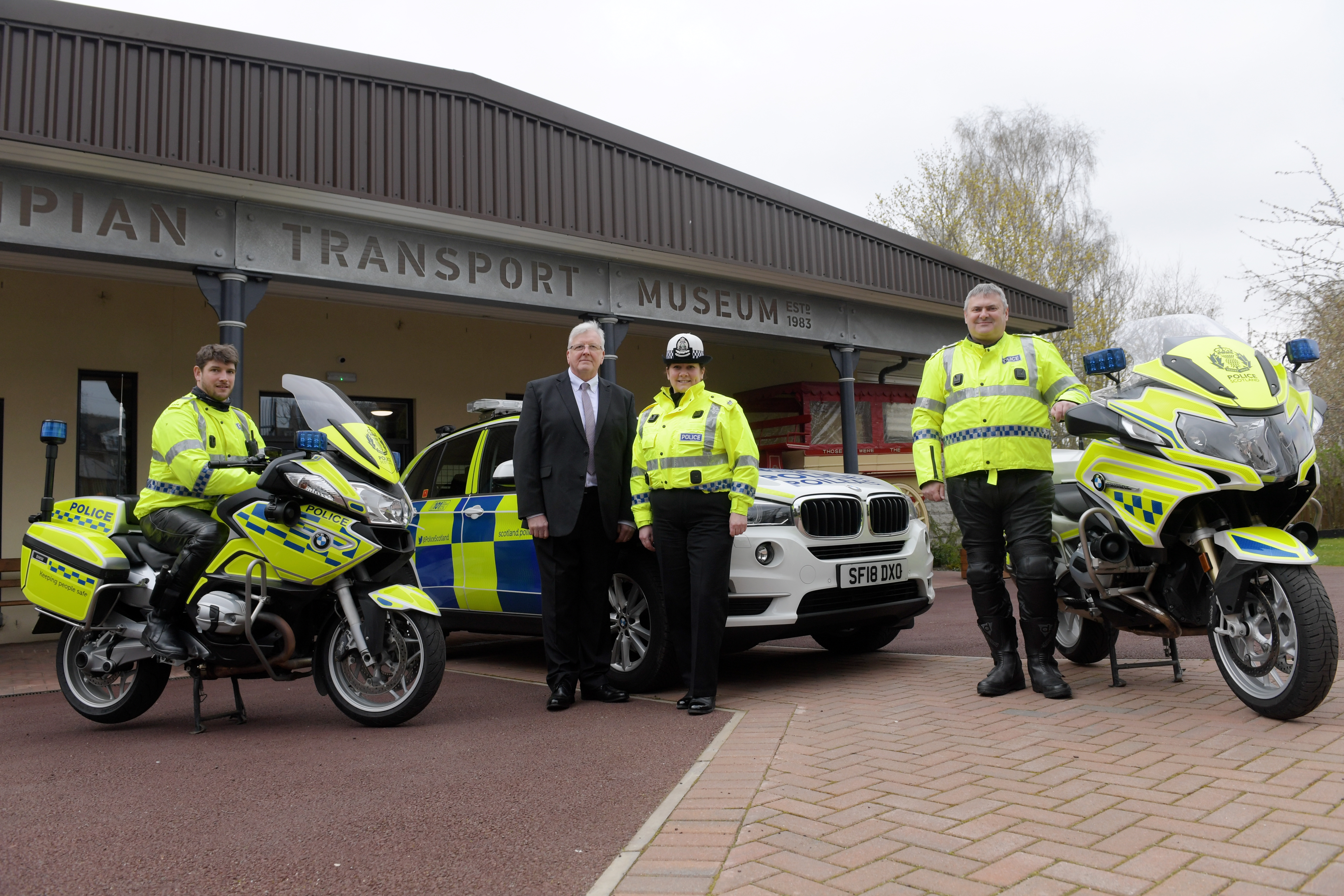 Launch of the 2019 Motorcycle Safety Campaign. From left, Constable Aaron White, Director of Road Safety Scotland Michael McDonnell, Deputy Head of Road Policing Louise Blakelock and Chief Inspector for Road Policing Stewart Mackie.