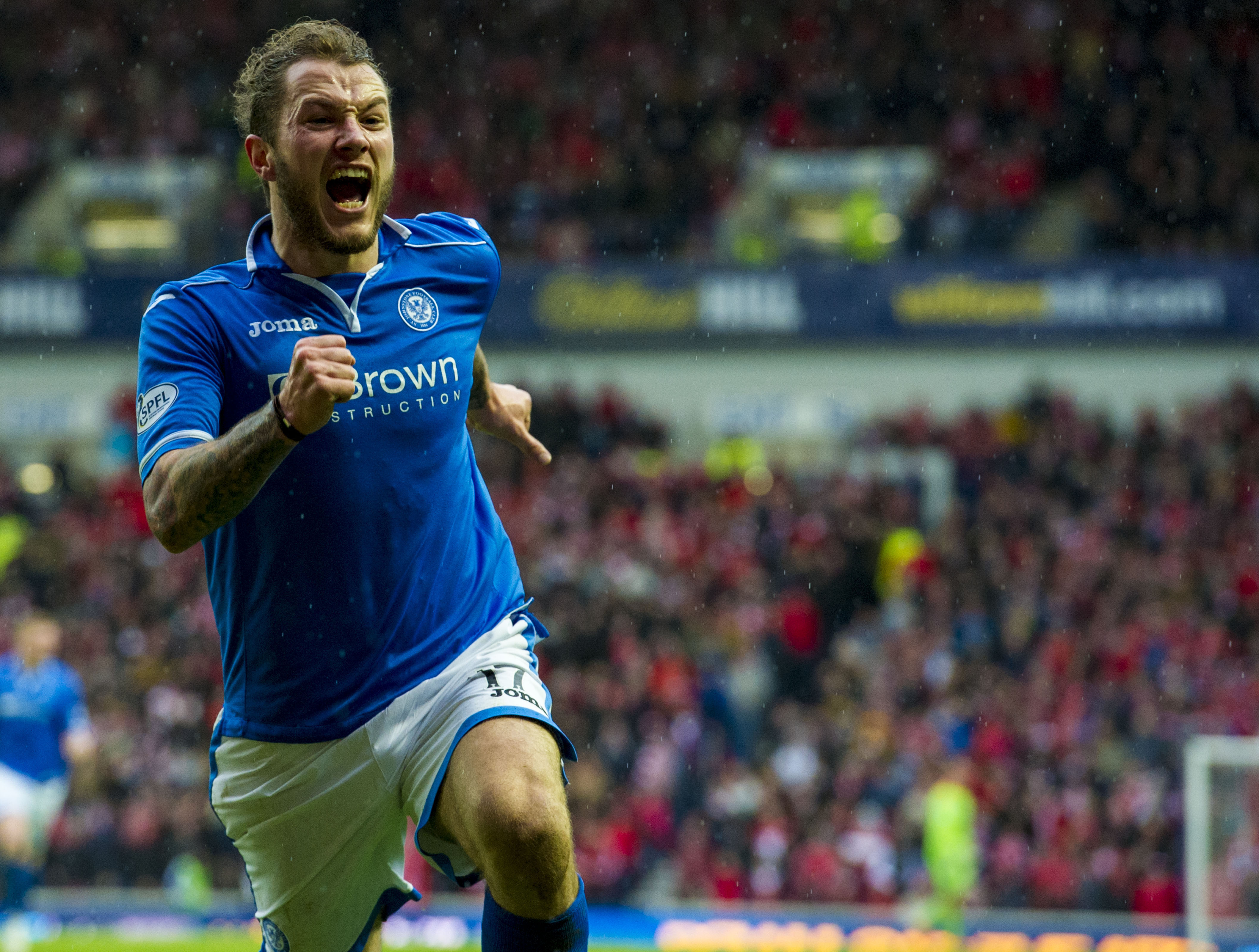 Stevie May celebrates scoring against Aberdeen in the 2014 Scottish Cup semi-finals.