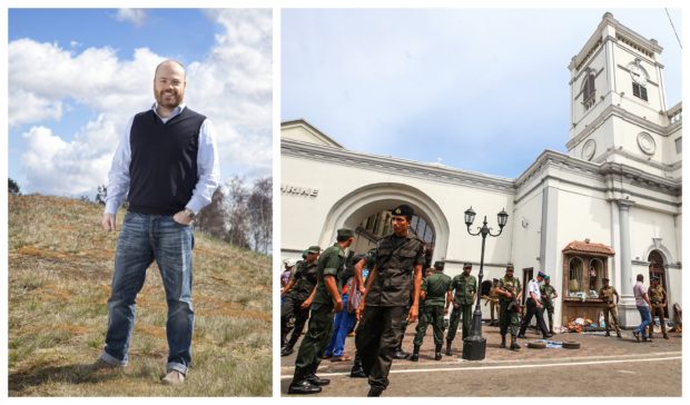 Anders Holch Povlsen, left, and right, Sri Lankan security forces secure the area around St. Anthony's Shrine after an explosion hit St Anthony's Church in Kochchikade on April 21