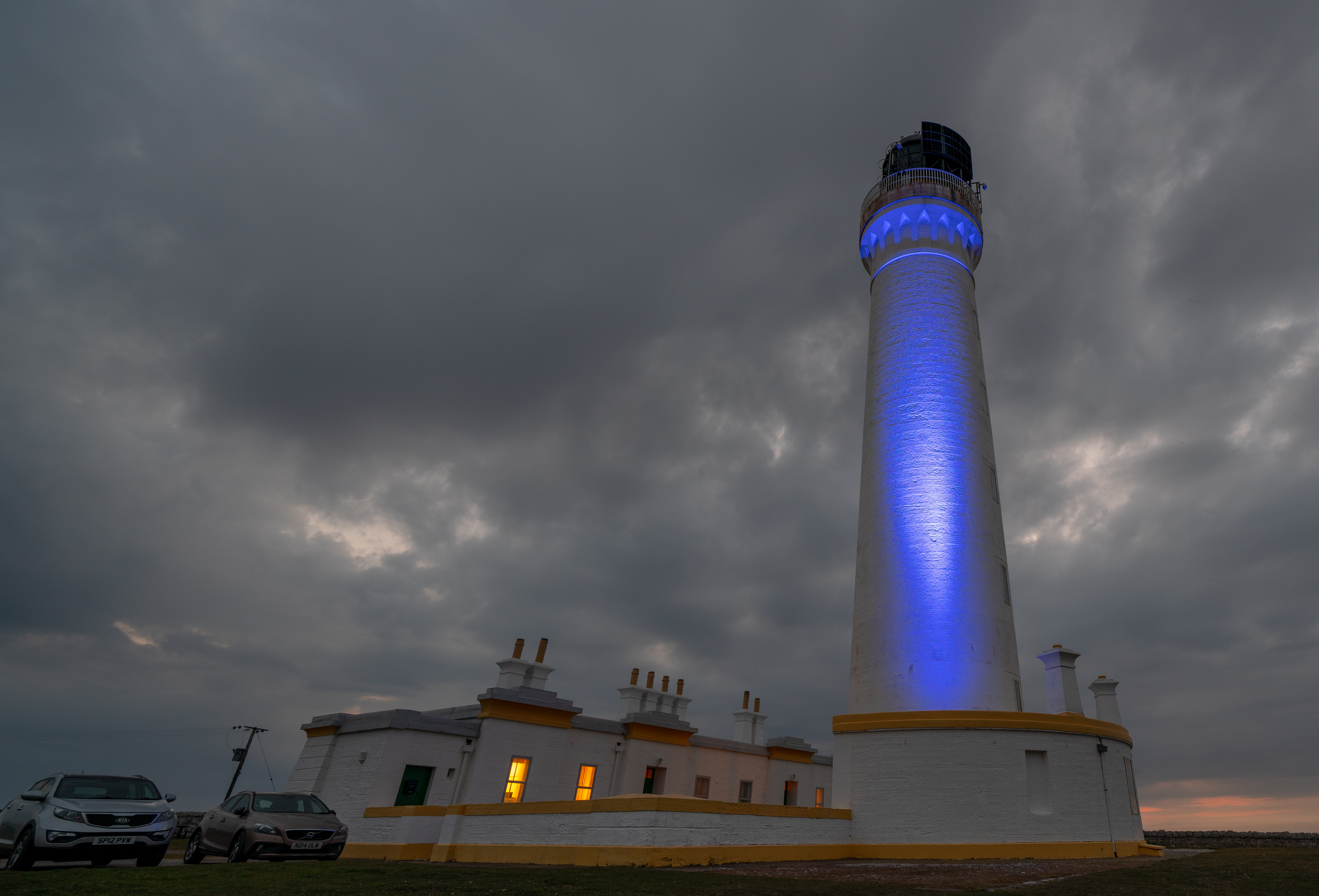 Covesea light house goes blue to mark World Parkinson's Day near Lossiemouth,