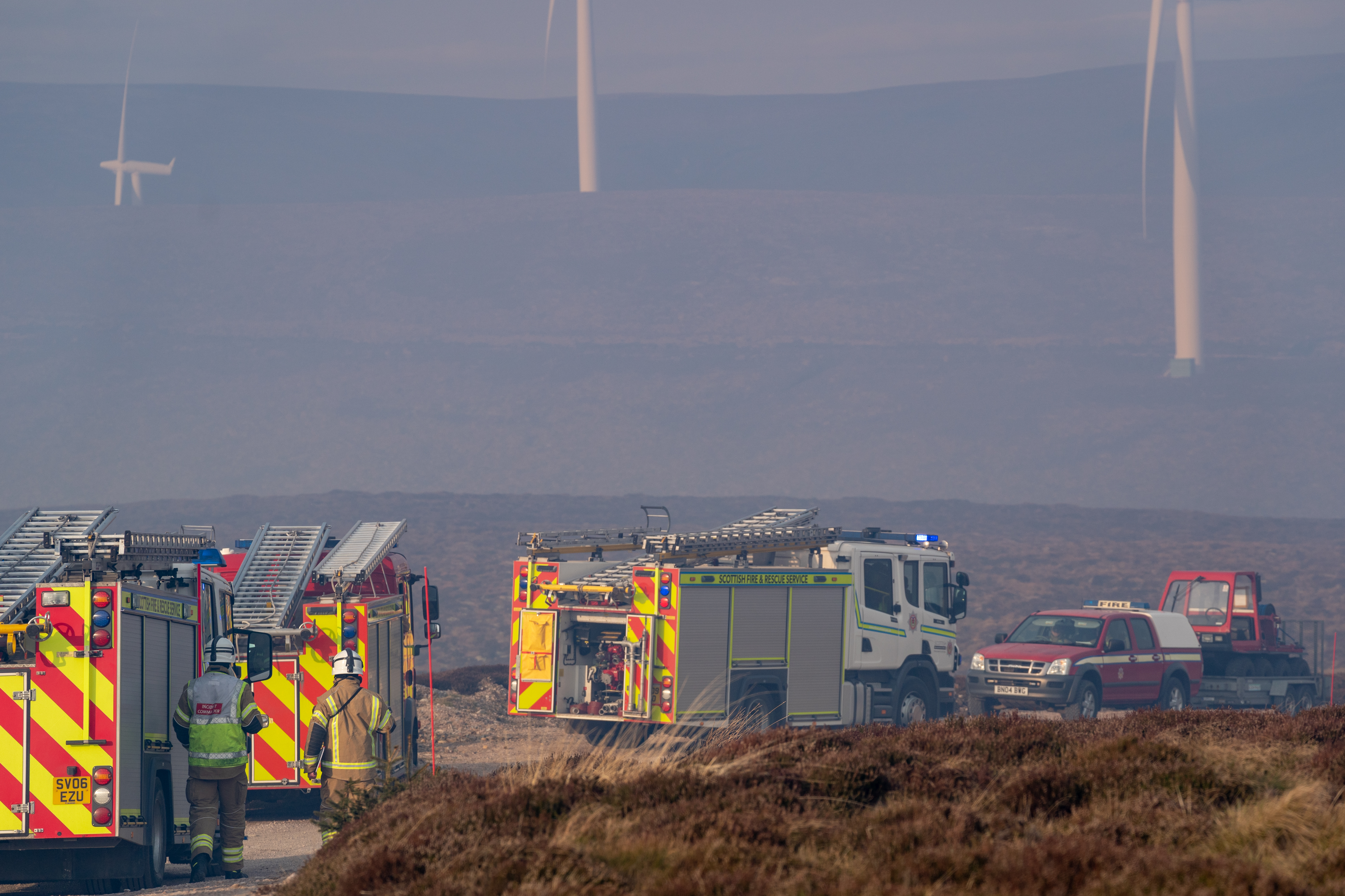 This is the scene of the Fire Units within Pauls Hill Wind Farm, Moray, Scotland on Sunday 14 April 2019. It is understood that there are 7 units in attendance, however, the Fire is some distance away to reach. Photographed by JASPERIMAGE ©