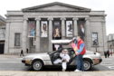To promote the upcoming showing of the movie "Back to the Future" accompanied by a live orchestra at the Music Hall, Aberdeen. Marty McFly (Graham Watt) and Doc Brown (Donna Henderson) came to town with their DeLorean.    
    
Picture by Kami Thomson    04/04/2019