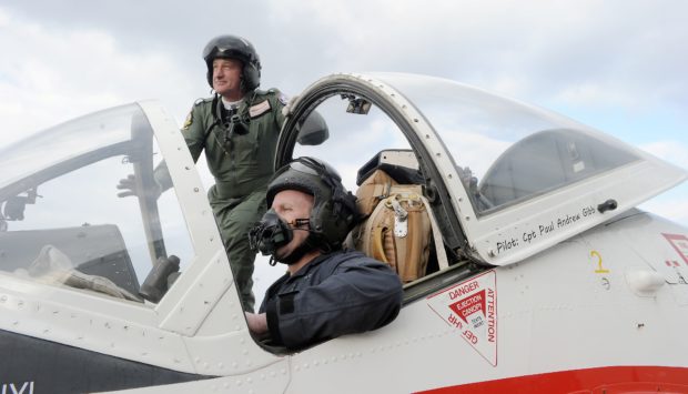 Owner James Campbell and pilot captain Paul Gibbs with the Jet Provost aircraft as it returned  to Inverness last night following its annual service combined with an aeronautics installation.