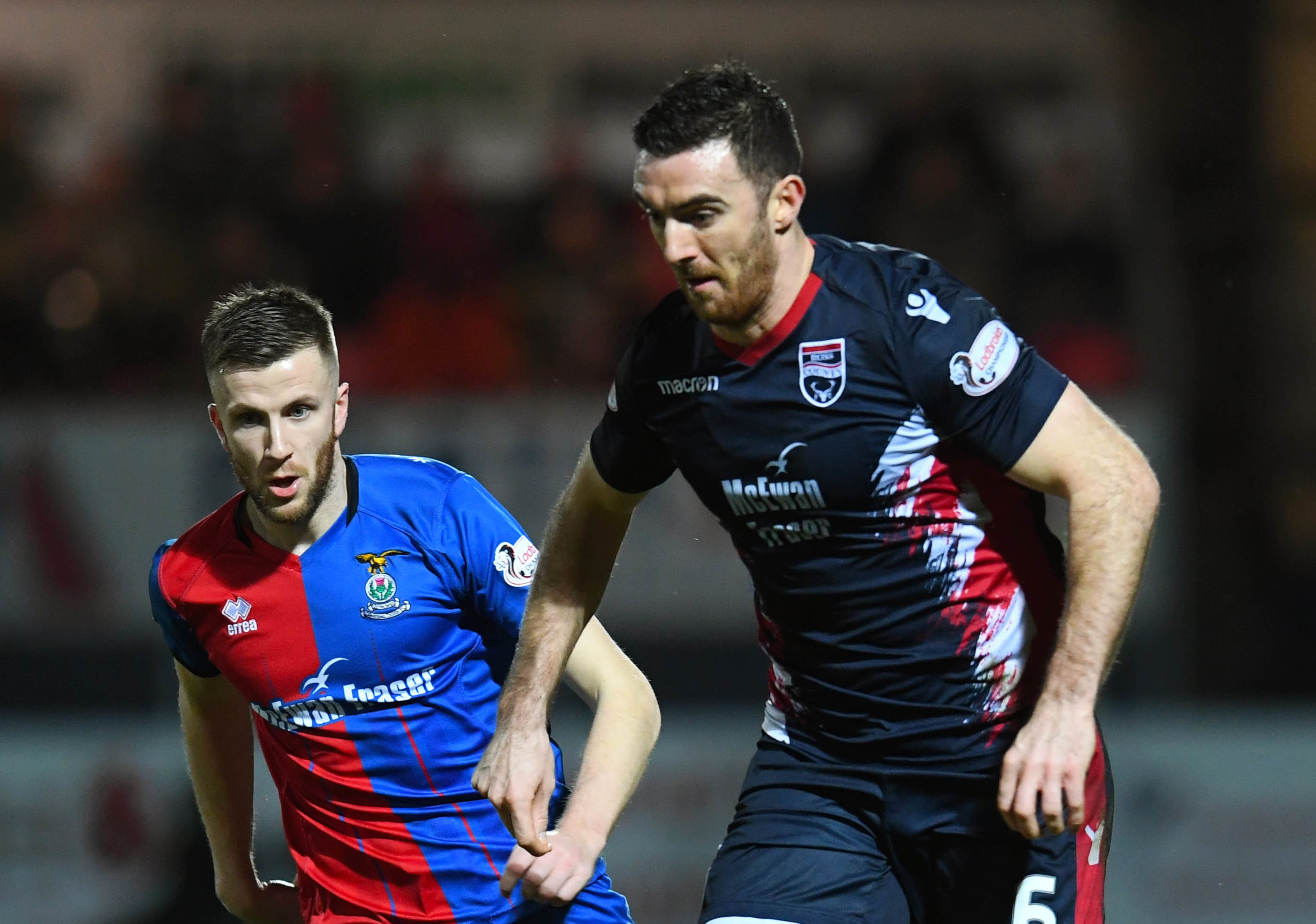 Ross County's Ross Draper (R) in action with Inverness CT's Liam Polworth.