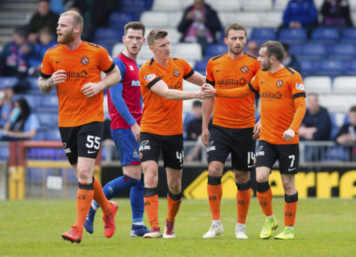 20/04/19 LADBROKES CHAMPIONSHIP
INVERNESS CT v DUNDEE UTD
TULLOCH CALEDONIAN STADIUM - INVERNESS
Dundee United's Pavol Safranko celebrates his goal with his teammates