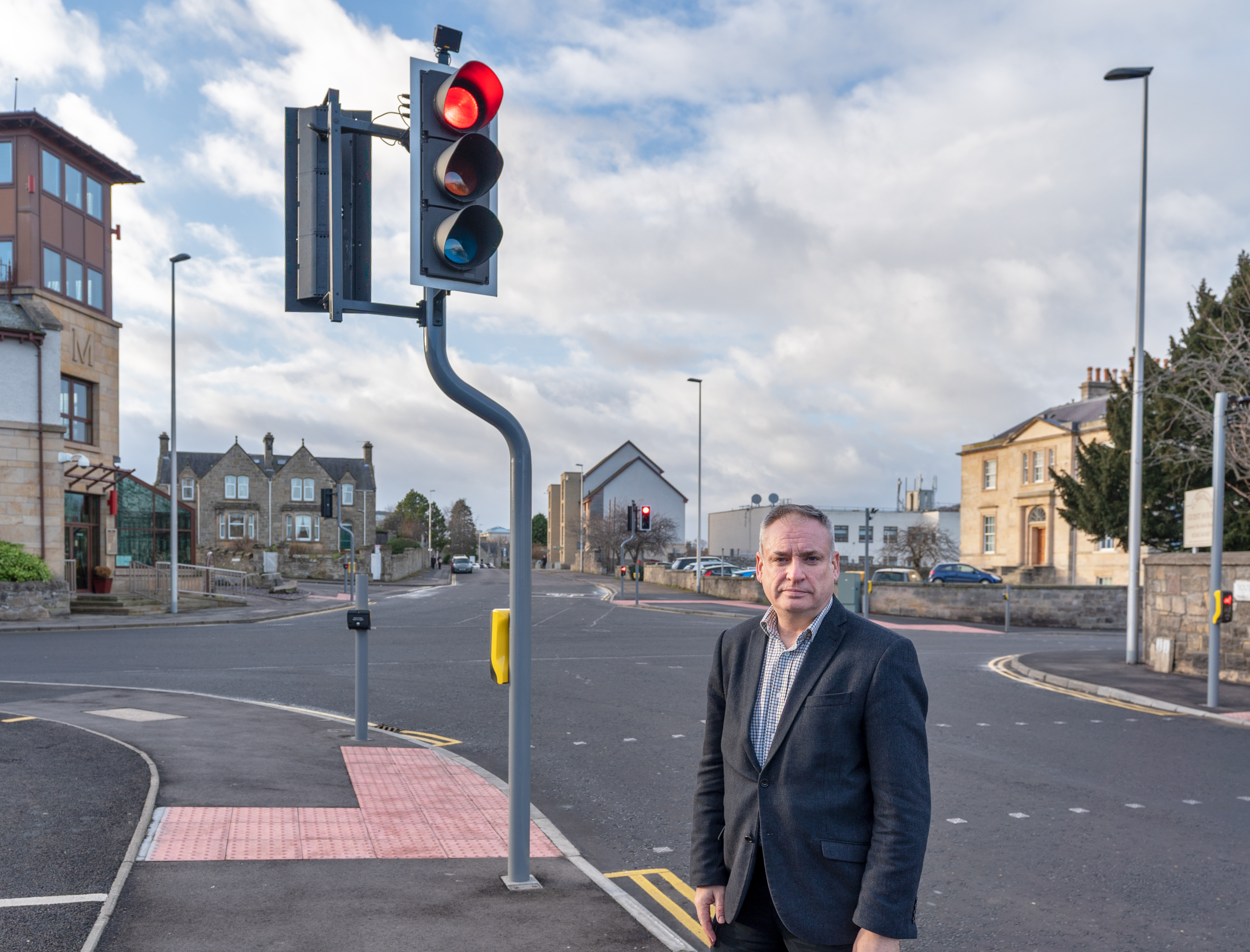 Richard Lochhead at the traffic light  junction of South Street and A941 Northfield Terrace, Elgin, Moray, Scotland.