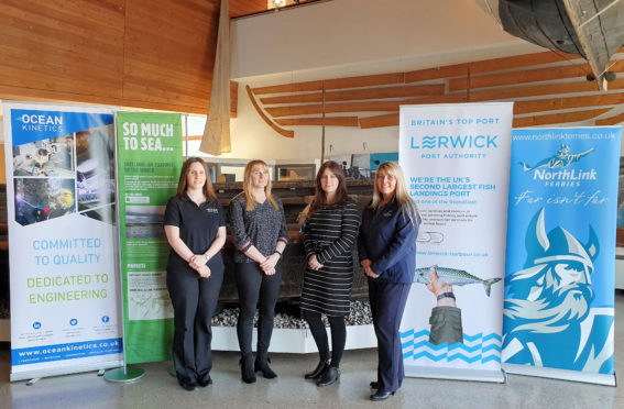 Gemma Pearce of Ocean Kinetics, Sheila Keith of So Much to Sea, Melanie Henderson of Lerwick Port Authority and Jane Leask of Serco NorthLink after all four organisations were announced as the main sponsors of Shetland Boat Week 2019