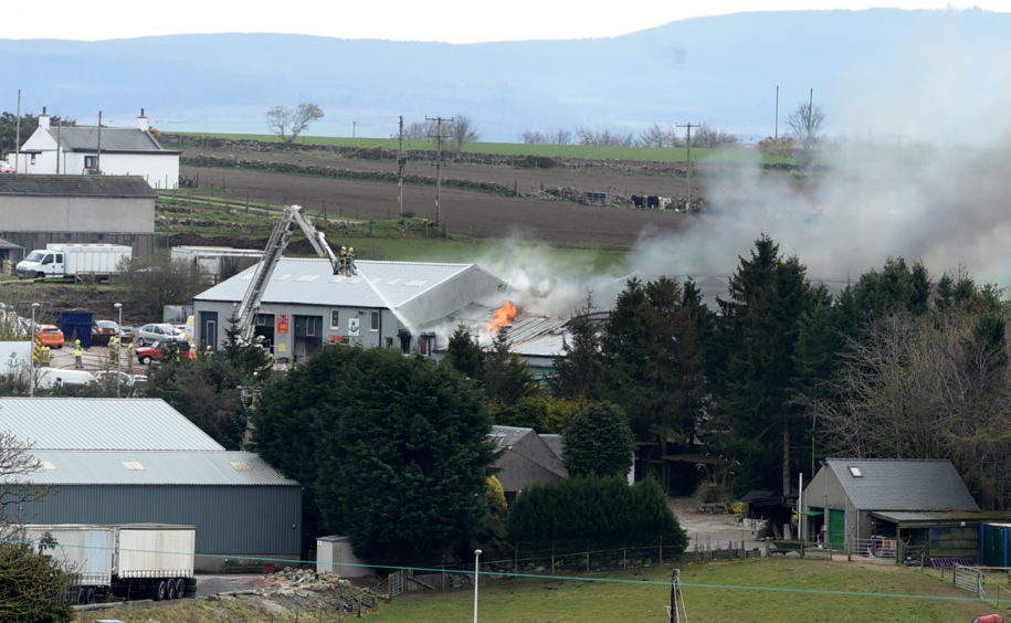 The fire at a warehouse building at Smiddy Brae, Skene Road, A947 near Westhill.