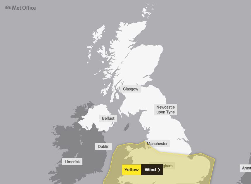 A Met Office map showing the area affected by Storm Hannah this weekend.