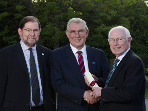 Conferring of honorary fellowship to Dennis MacLeod, UHI benefactor; 25 August 2009 (Bob Cormack, Dennis MacLeod, Colin MacKay)