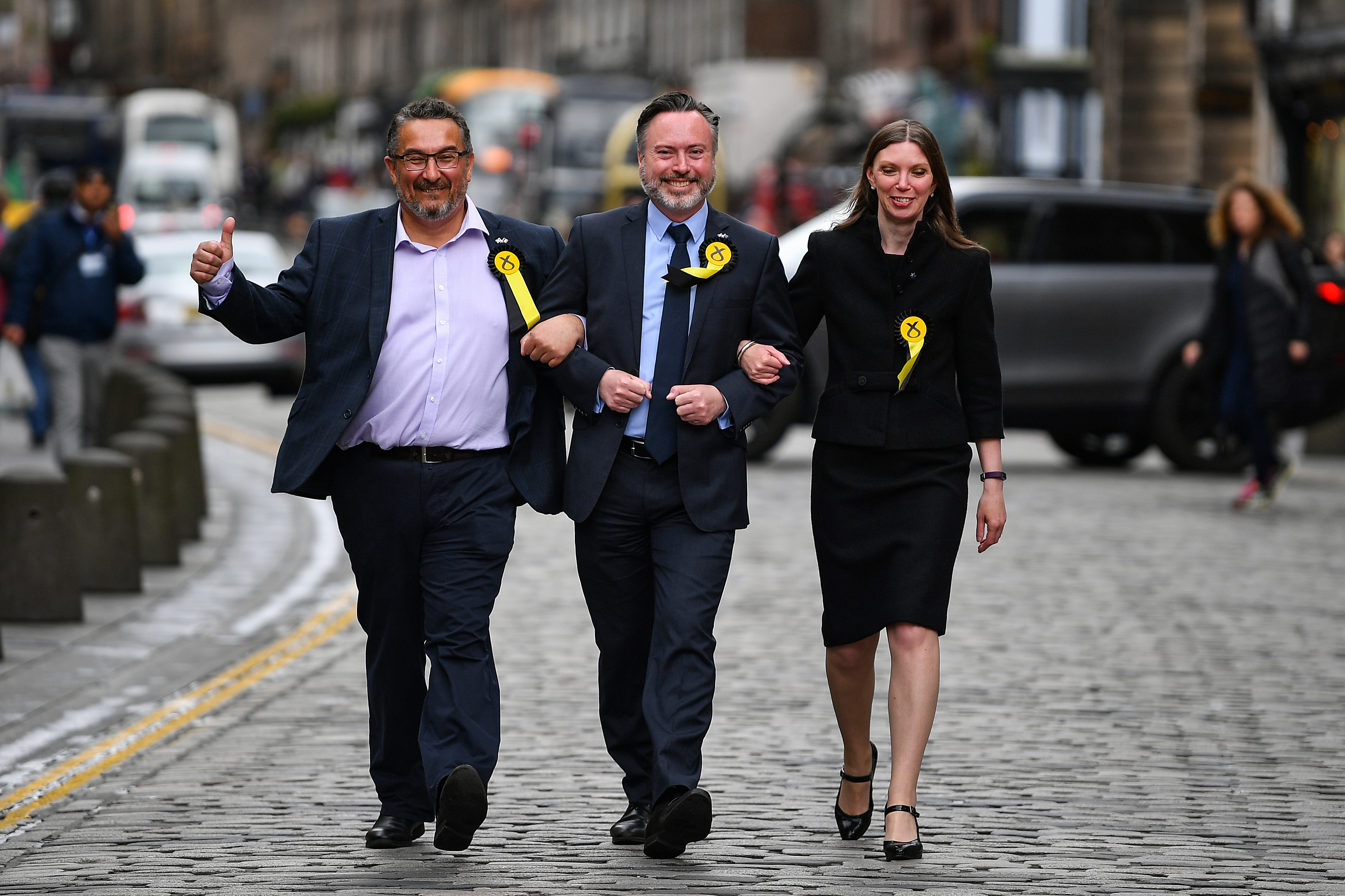 The newly elected SNP European Parliament MEPs Christain Allard, Alyn Smith, and Aileen McLeod.
