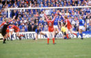 Brian Irvine celebrates his goal against Rangers at Pittodrie in 1987.