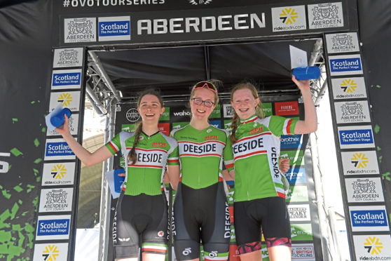 The winners on the podium from the Under-16s girls support race during the Tour Series, Round Three, in Aberdeen. 
Picture 16/05/2019 by Kath Flannery