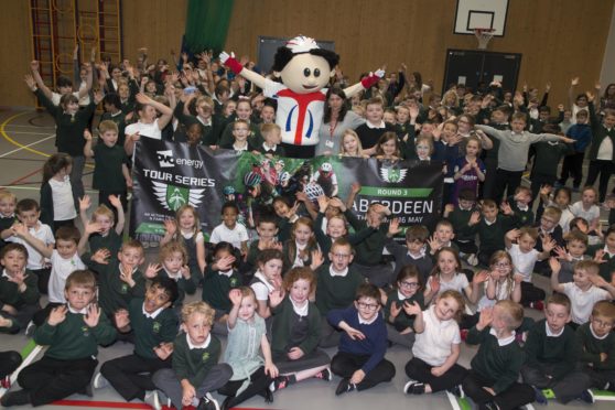 ToBi the Tour Series mascot travelled to Stoneywood primary School in Aberdeen to promote the Tour Series bike race
