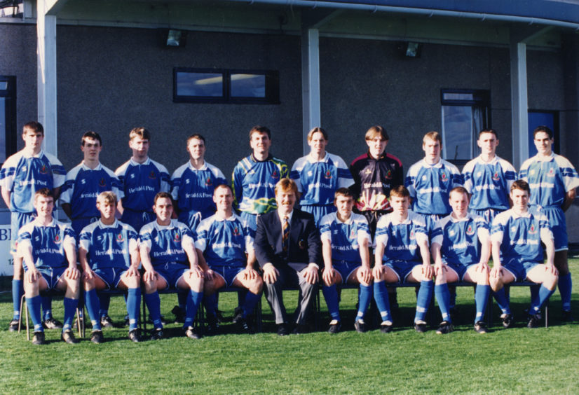 Cove Rangers FC: Back (from left) - Derek Craigie, Ryan Pressley, Mike Smart, Gary Thow, Raymond Charles, Ritchie Clark, Nicky Christie, Tommy Wilson, Paul Lefevre, Murray Ritchie. Front - Darren Nicol, Colin MacRonald, David Whyte, Mike Megginson, Dave Cormie (manager), Graeme Park, Mike Beattie, Alan Leslie, Kerr Gibson. Picture taken in 1996.