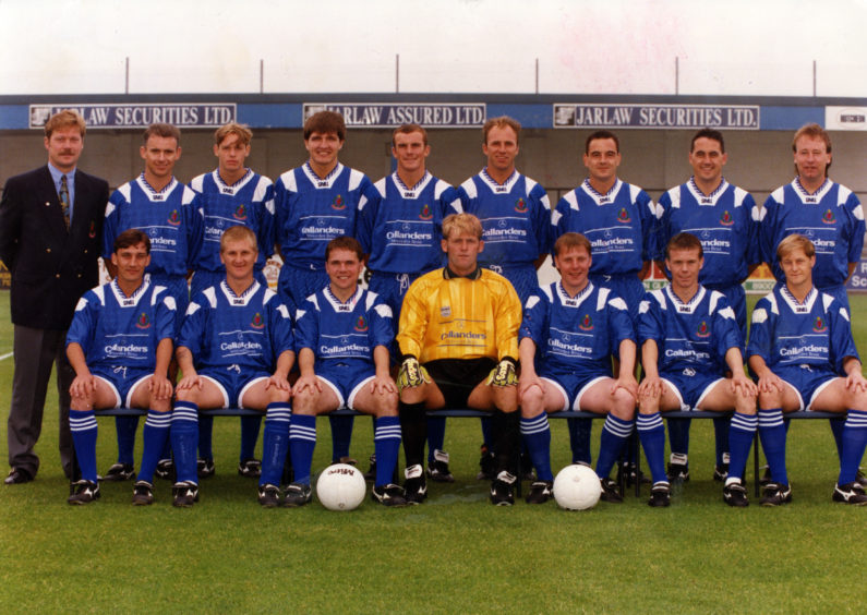 Cove Rangers (from left)...Front: Graeme Park, Dave Morland, Doug Baxter, Arch McLean, Alan Leslie, Michael Beattie, Tommy Forbes. Back: manager Kenny Taylor, Bruce Morrison, Ritchie Clark, Andy Paterson, Mark Murphy, David Caldwell, David Whyte, Ray Lorrimer and Ray Stephen." Picture taken 31 August 1994.