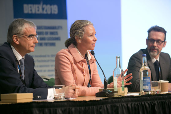 Hedda Felin, senior vice president for Equinor UK & Ireland and Jean-Luc Guiziou (left), managing director of Total E&P UK. Pictured right is Andy Alexander, chief geophysicist at Siccar Point Energy