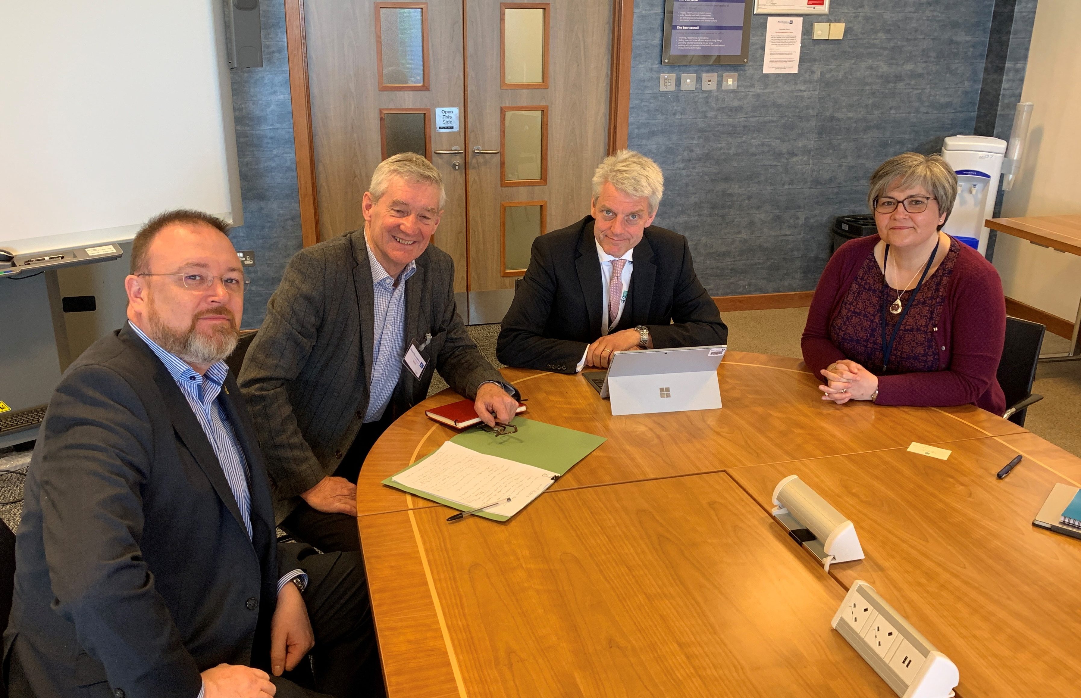 Left to right is MP David Duguid, MSP Peter Chapman, Aberdeenshire Health and Social Care Partnership chief officer Adam Coldwells and partnership manager Angie Wood having a meeting about the Minor Injury Unit Reviews