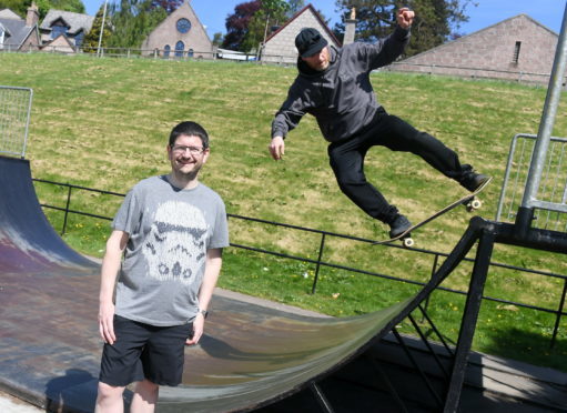 The Banchory Skatepark Group  are welcoming any donations.
Pictured are Russ Crichton chairman of the group using the ramp and Bruce Skinner a committee member
Pic by Chris Sumner