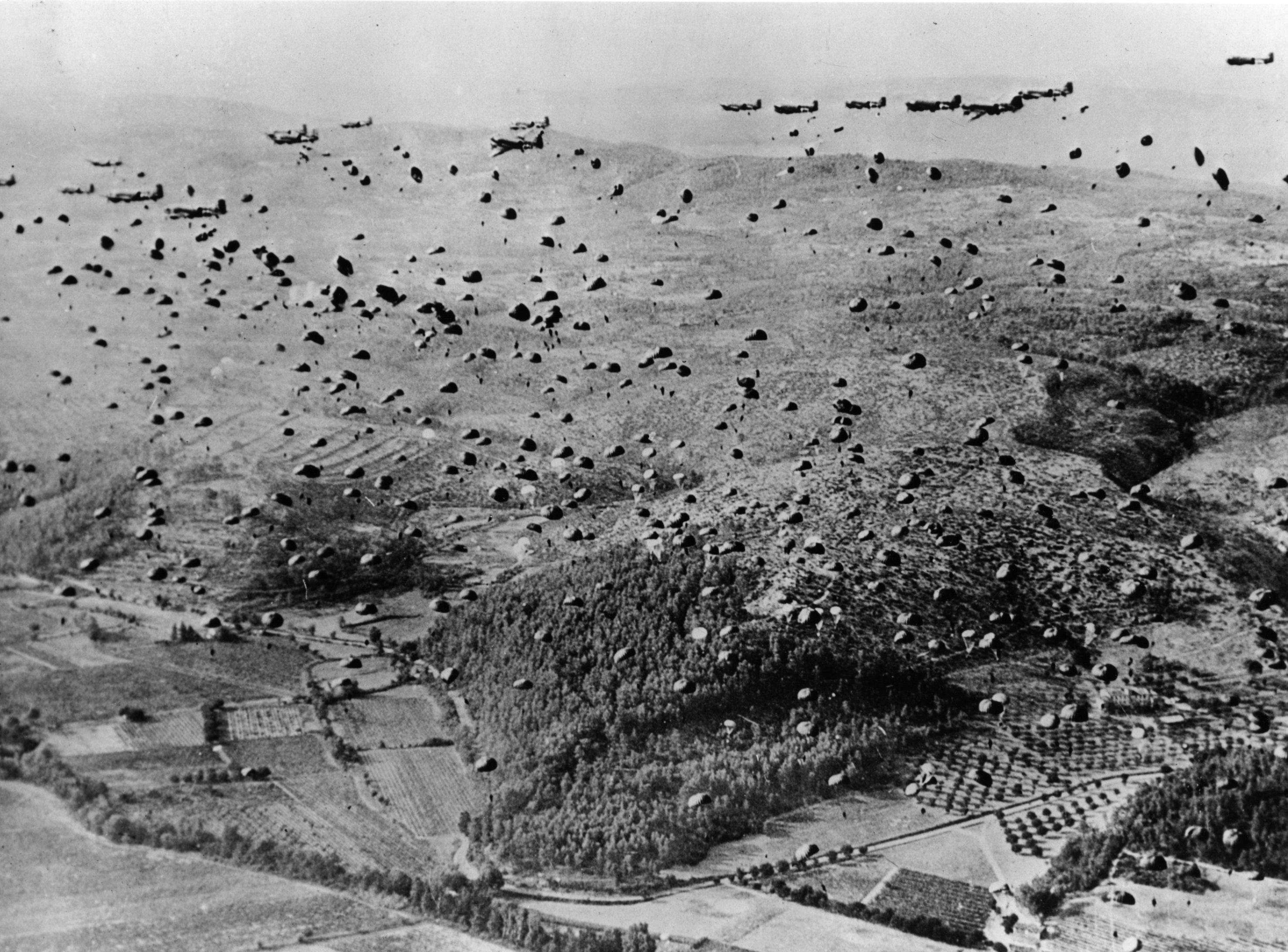 Parachutes fill the sky over the beachhead between Marseilles and Nice, during the Allied Invasion of France.
